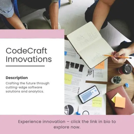 Maxolot AI advertisement generator showing a company description Instagram ad for CodeCraft Innovations