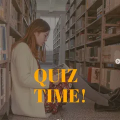 Quiz Time Instagram post created with Maxolot: orange serif type over a library photo