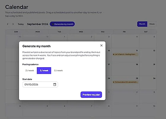 Maxolot content calendar showing Generate my month, planning a full month of Instagram posts across four weeks