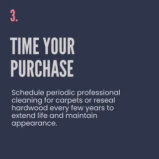Instagram carousel maker example: numbered slide 3, “Time your purchase”, advising periodic professional cleaning for carpets or resealing hardwood, made with Maxolot's AI Instagram post generator