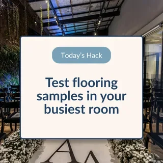Instagram post maker example: “Today's Hack — test flooring samples in your busiest room” over a venue photo, created with Maxolot's AI Instagram post generator