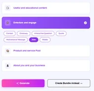 Maxolot content pillar settings: useful and educational content, entertain and engage, product and service posts, and about you and your business