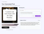 Screen showing a generated Instagram post with editable caption text, ready to review and download