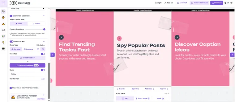 AI Instagram carousel generator tool interface