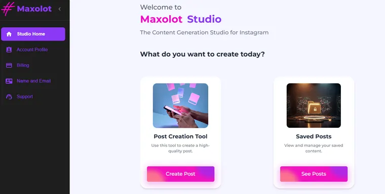 Maxolot AI Instagram post generator dashboard