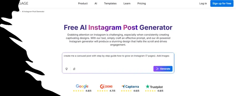 AI Instagram post generator interface with review scores