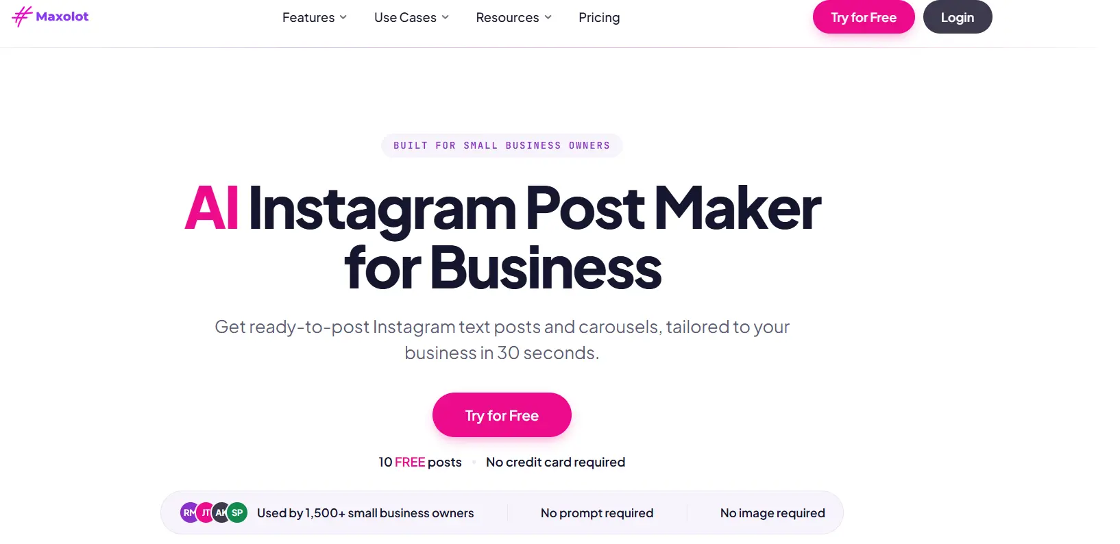 Maxolot homepage screenshot, the top Canva alternative for Instagram content, showing the AI Instagram Post Maker for Business headline, with a Try for Free button offering 10 free posts and no credit card required
