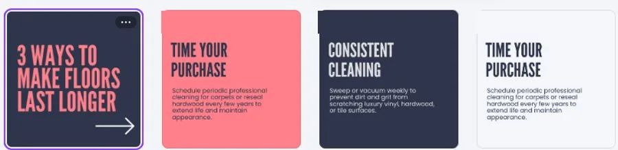 Example 4-slide Instagram carousel titled '3 Ways to Make Floors Last Longer,' showing progressive value slides with consistent typography and a clear numbered structure