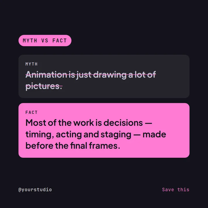Example myth vs fact Instagram post for an animation studio: myth — animation is just drawing a lot of pictures; fact — most of the work is decisions about timing, acting and staging