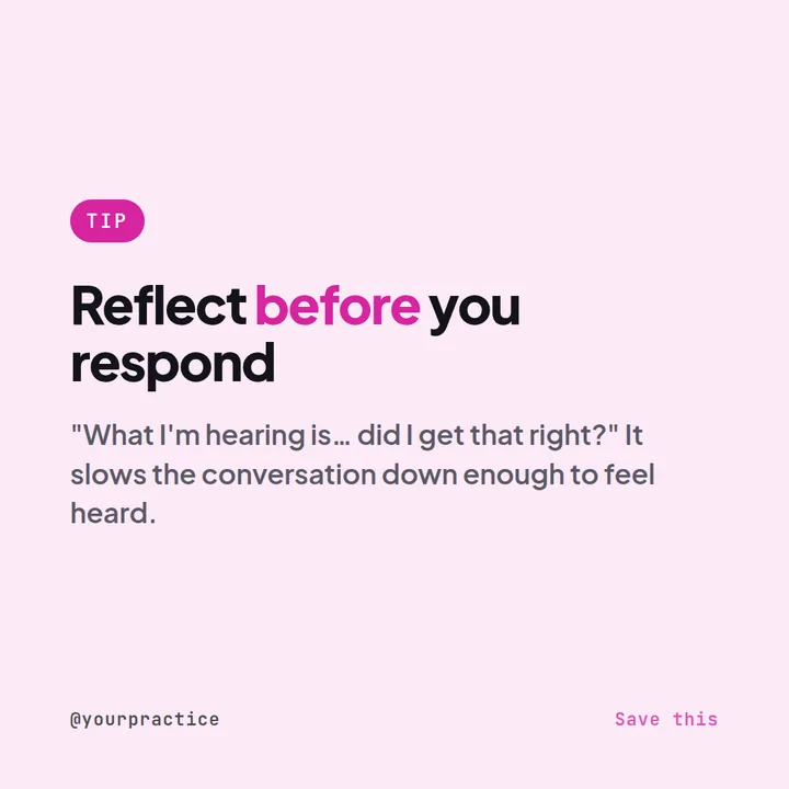 Example Instagram tip post for a couples therapist: reflect before you respond, with an active listening phrase