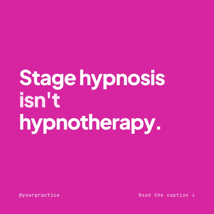 Example bold hook Instagram post for a hypnotherapist on a magenta background reading stage hypnosis isn't hypnotherapy