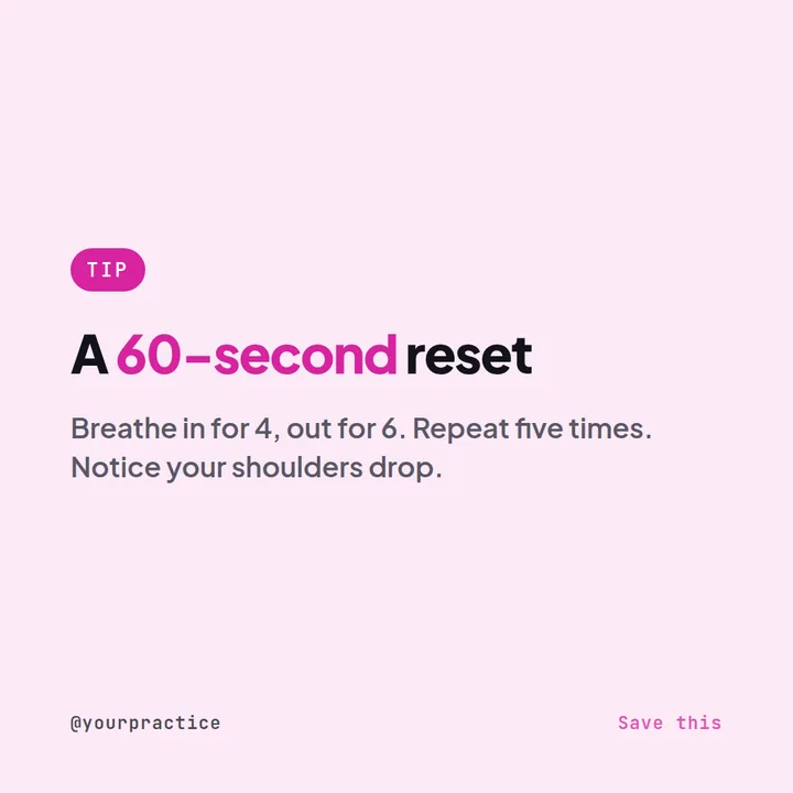 Example Instagram tip post for a hypnotherapist: a 60-second breathing reset, in for 4 and out for 6
