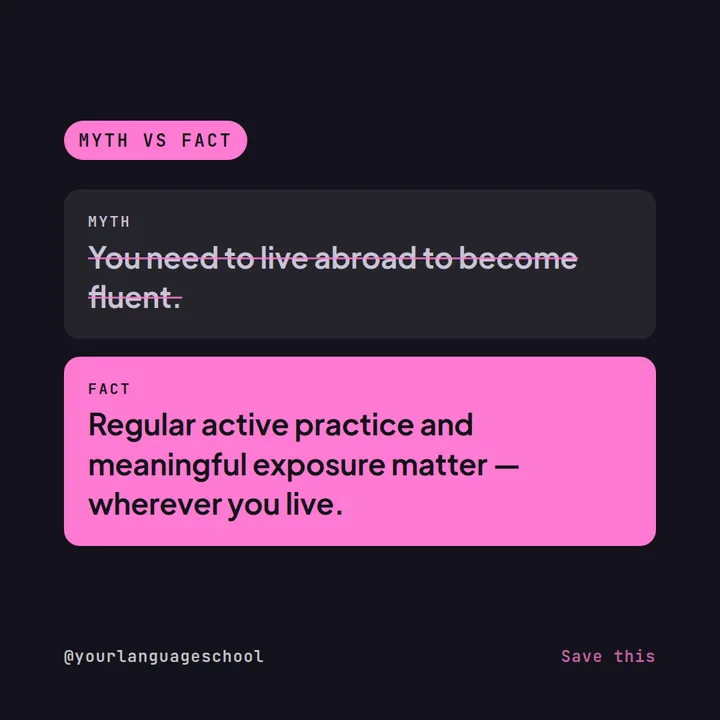 Example myth vs fact Instagram post for a language school: myth — you need to live abroad to become fluent; fact — regular active practice and meaningful exposure matter