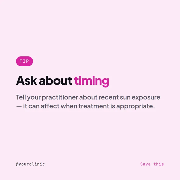 Example Instagram tip post for a laser clinic: tell your practitioner about recent sun exposure because it can affect treatment timing