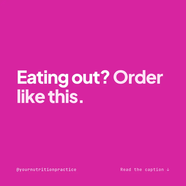Example bold hook Instagram post for a nutritionist on a magenta background reading eating out, order like this