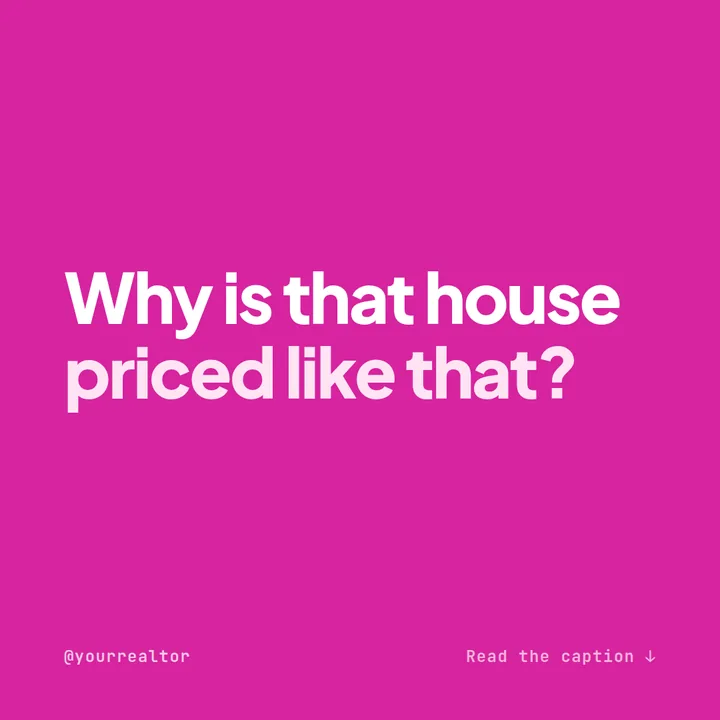 Example bold hook Instagram post for a real estate agent on a magenta background reading why is that house priced like that