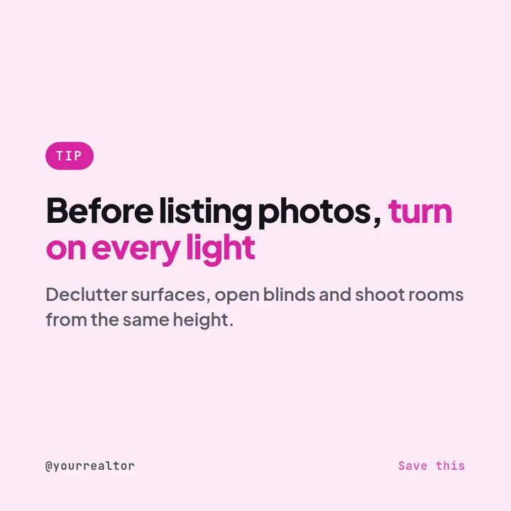 Example Instagram tip post for a real estate agent: turn on every light before listing photos, declutter and open blinds