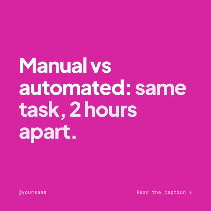 Example bold hook Instagram post for a SaaS company on a magenta background reading manual vs automated, same task, 2 hours apart