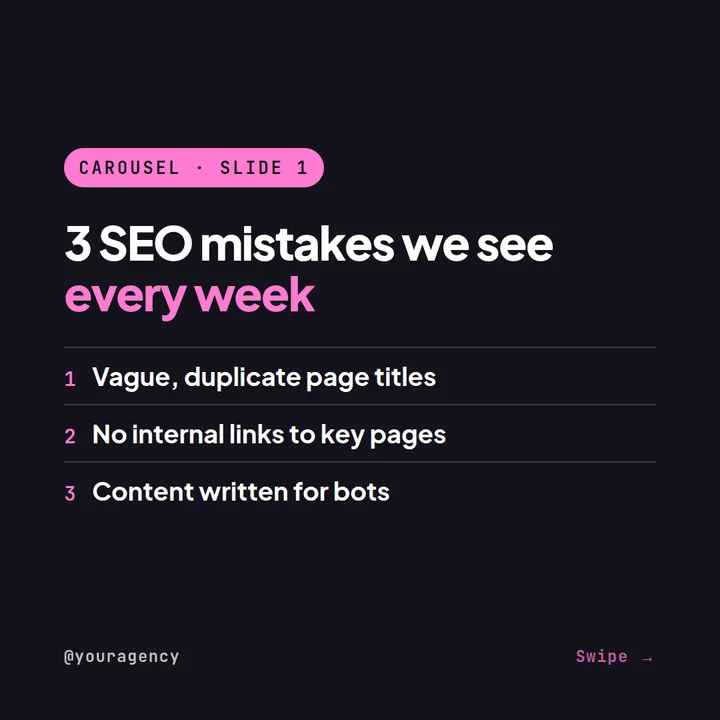 Example Instagram carousel cover for an SEO agency: 3 SEO mistakes we see every week — vague duplicate page titles, no internal links to key pages, content written for bots
