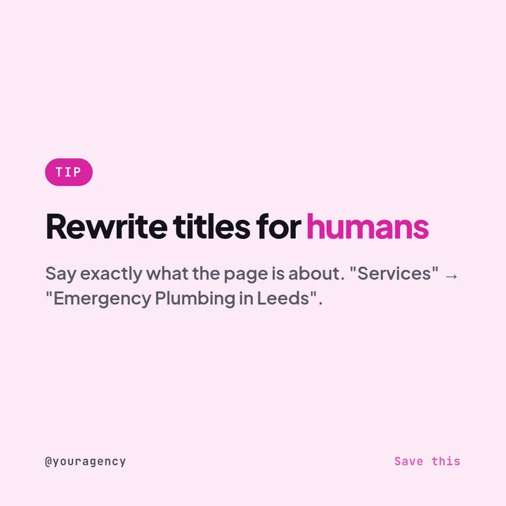 Example Instagram tip post for an SEO agency: rewrite page titles for humans, with a before and after example