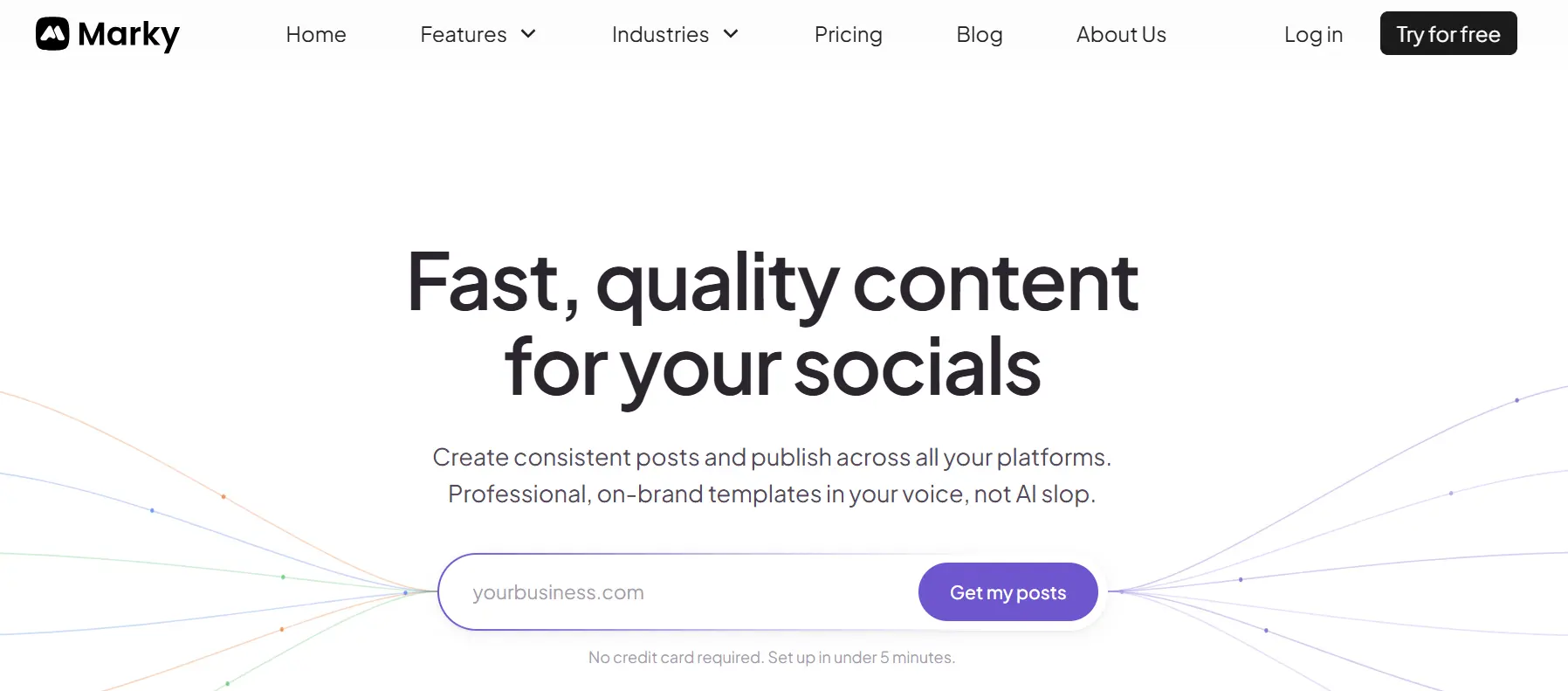 MyMarky.ai (Marky) homepage screenshot, a Predis.ai alternative option, showing the Fast, quality content for your socials headline and a Get my posts input field