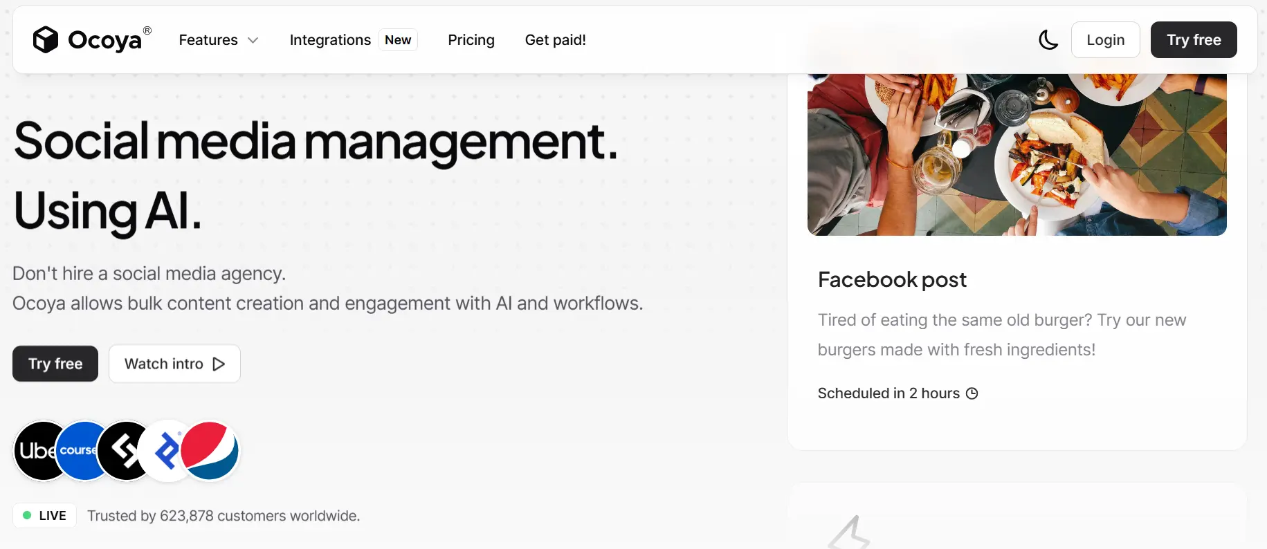 Ocoya homepage screenshot, a Predis.ai alternative option, showing the Social media management. Using AI. headline and a sample scheduled Facebook post