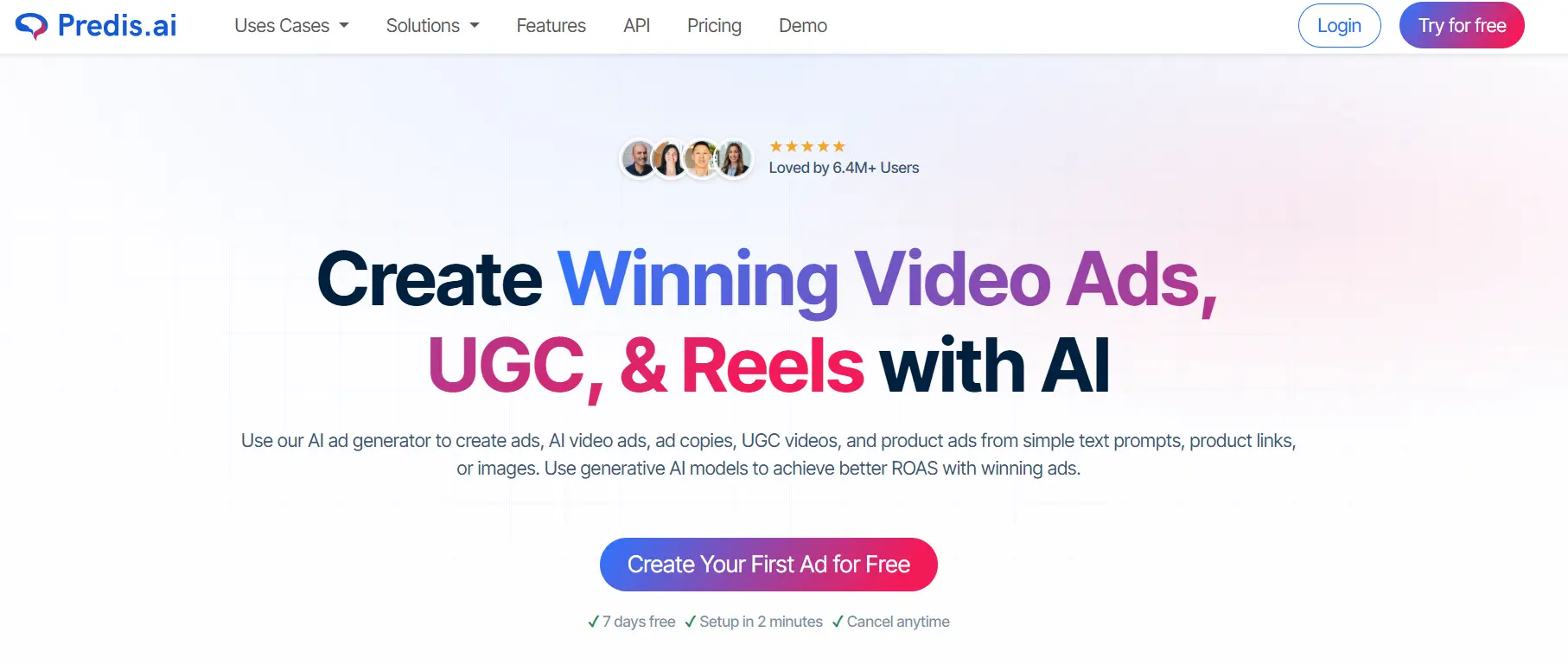 Predis.ai homepage screenshot, the tool this Predis.ai alternative comparison is measured against, showing the Create Winning Video Ads, UGC and Reels with AI headline and Create Your First Ad for Free button