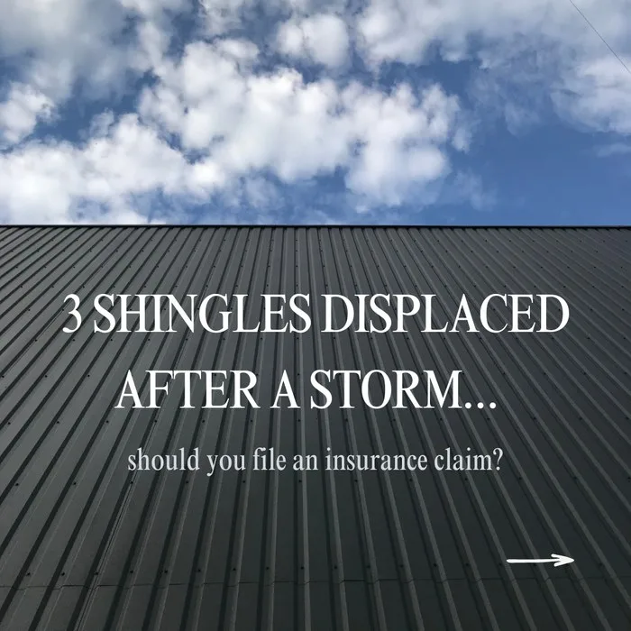 Example Instagram hook graphic for a roofing business reading '3 Shingles Displaced After a Storm... should you file an insurance claim?' over a dark corrugated metal roof and blue sky, illustrating a storm-driven, curiosity-based hook format