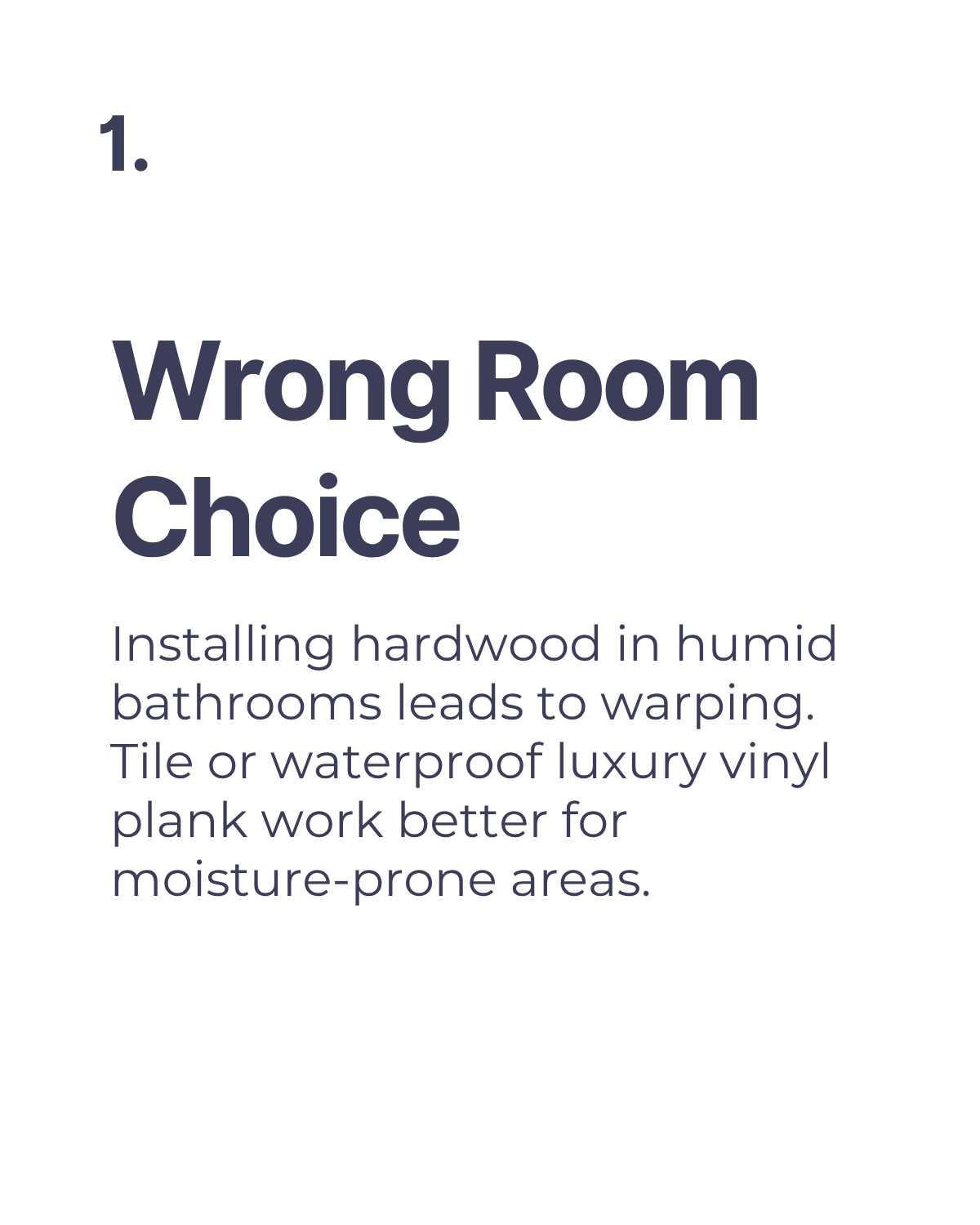 Mistake-list slide made with Maxolot: "1. Wrong Room Choice" with advice on hardwood in humid bathrooms