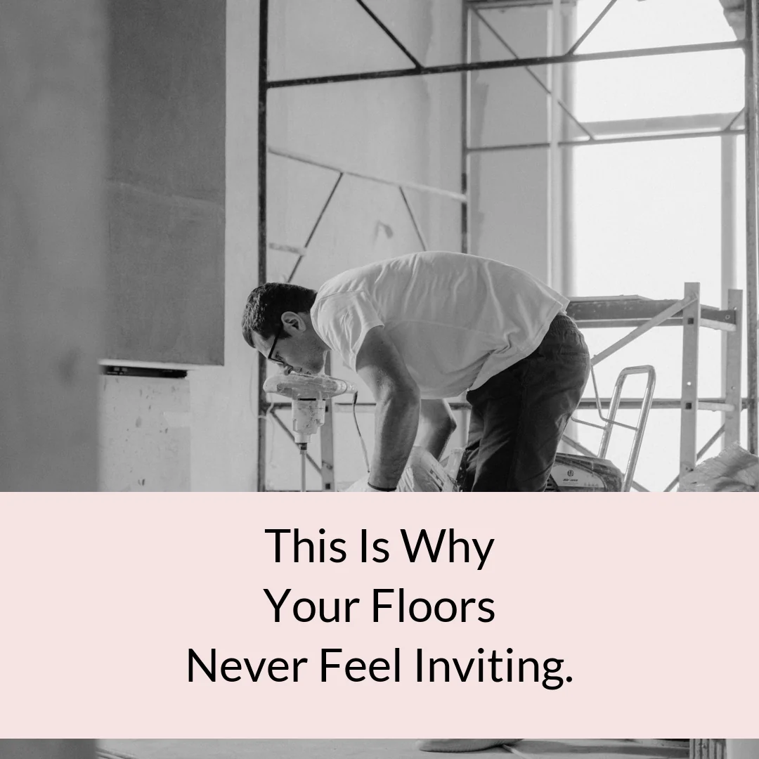 Pain-point Instagram post made with Maxolot: black-and-white renovation photo with pink banner reading "This is why your floors never feel inviting"