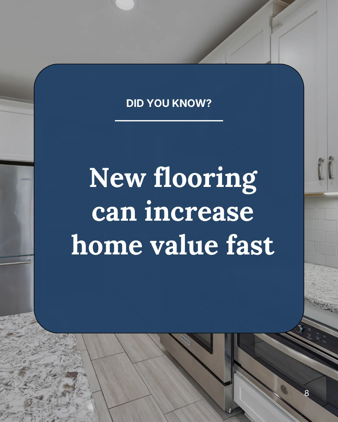 Room-photo slide made with Maxolot: navy card over a kitchen reading "New flooring can increase home value fast"