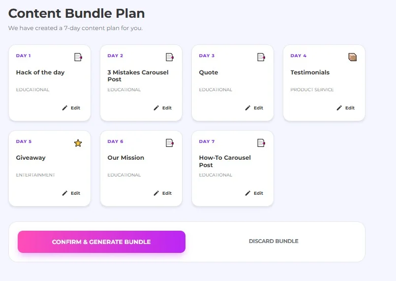 Maxolot Content Bundle Plan showing 7 days of post types across the Educational, Entertainment and Product & Service pillars, including Hack of the day, 3 Mistakes Carousel Post, Quote, Testimonials, Giveaway, Our Mission and How-To Carousel Post