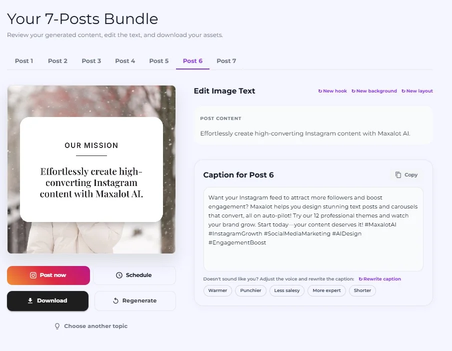 Maxolot Your 7-Posts Bundle review screen showing a generated Our Mission post with its Instagram caption, ready to post, schedule or download