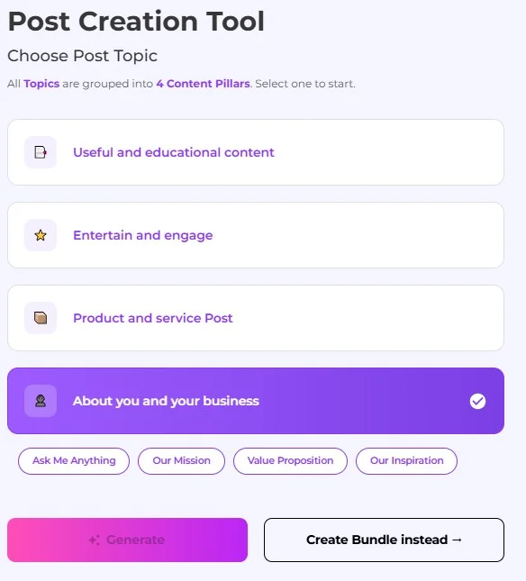 Maxolot Post Creation Tool showing the 4 content pillars to choose from — Educational, Entertainment, Product & Service and About Us