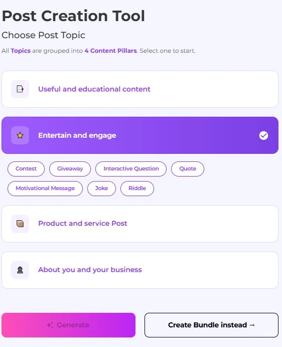 Maxolot Post Creation Tool: Choose Post Topic screen with the Entertain and engage pillar expanded into post types