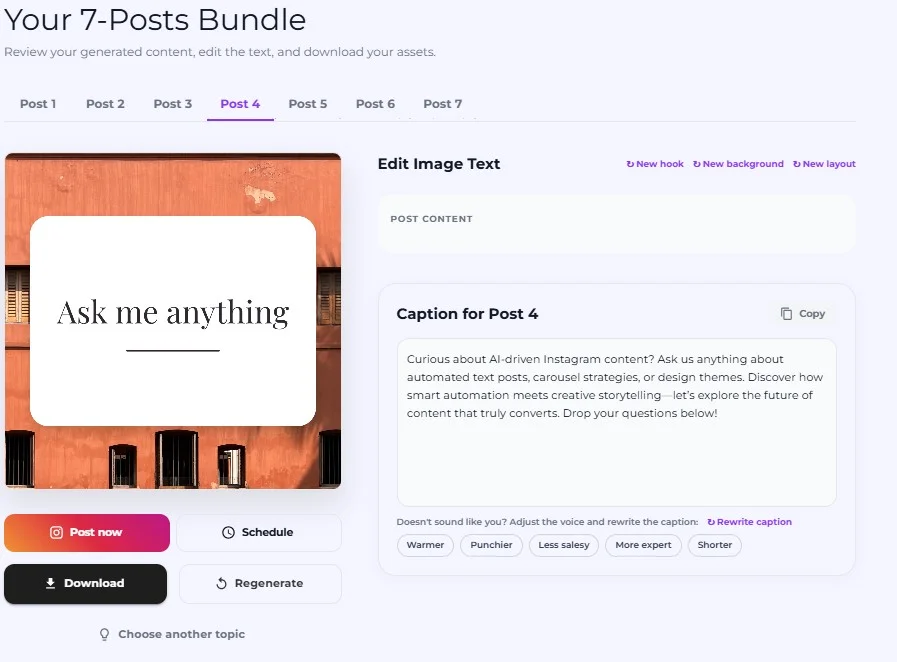 Maxolot Your 7-Posts Bundle review screen showing a generated Ask Me Anything post with Post now, Schedule, Download and Regenerate buttons