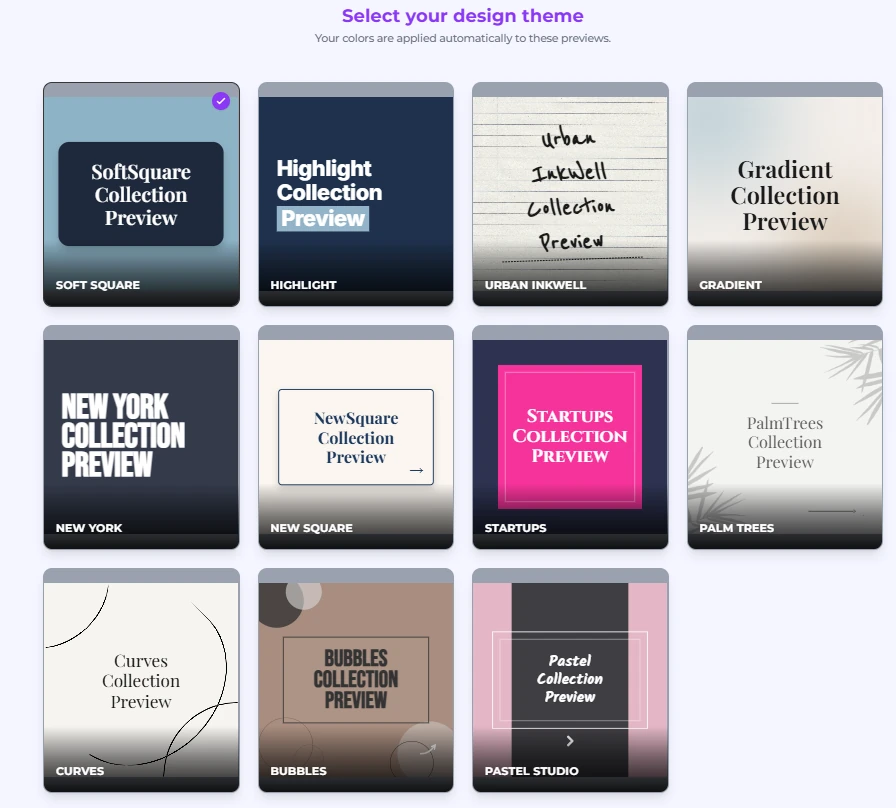 Maxolot design theme picker for faceless Instagram content — Soft Square, Highlight, Urban Inkwell, Gradient, New York, New Square, Startups, Palm Trees, Curves, Bubbles and Pastel Studio collections
