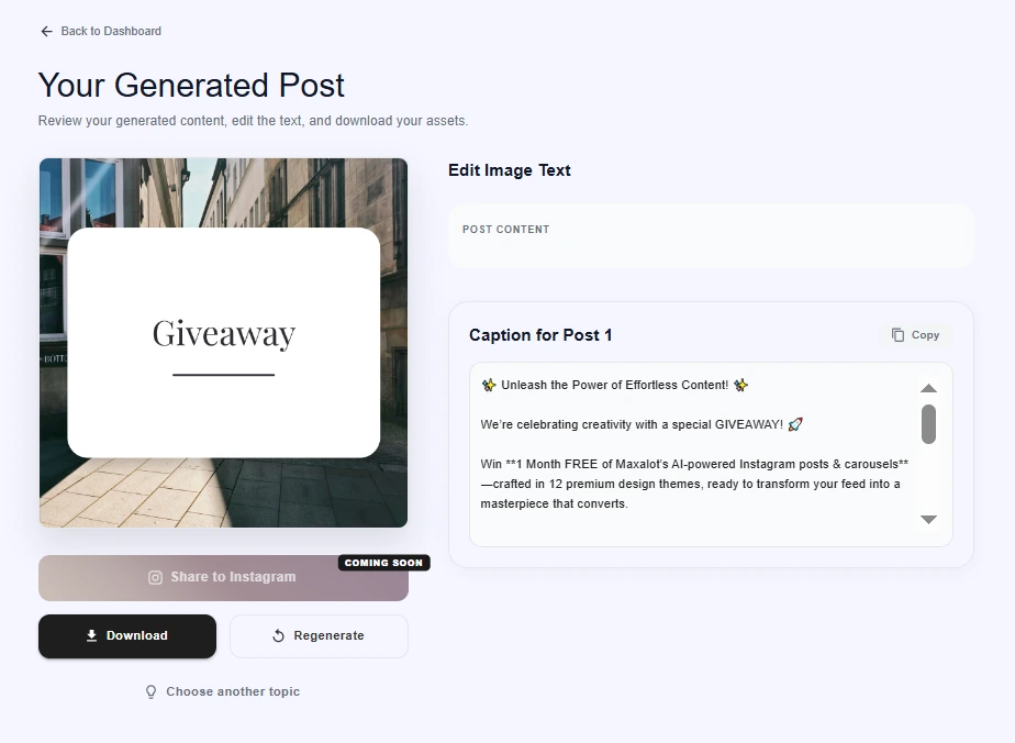 Maxolot editor showing a generated Instagram giveaway post with editable image text, the caption, and download and regenerate buttons
