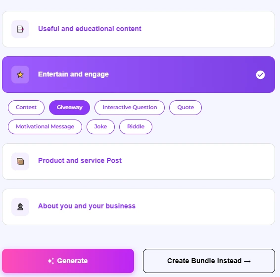 Maxolot Post Creation Tool with Entertain and engage pillar open and Giveaway topic selected