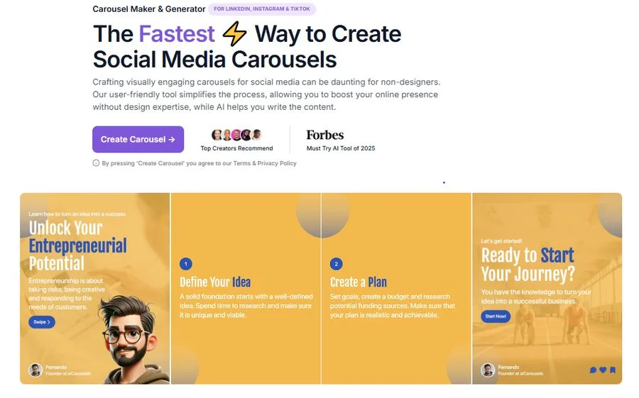 aiCarousels homepage: 'The Fastest Way to Create Social Media Carousels' with a Create Carousel button