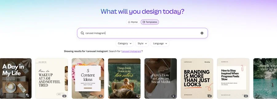 Canva template search results for 'carousel instagram' showing a grid of Instagram carousel and post templates