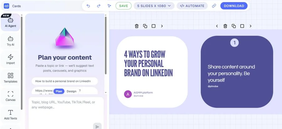 ContentDrips carousel editor showing a 5-slide LinkedIn/Instagram carousel with an AI planning panel
