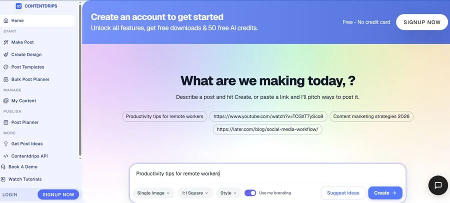 ContentDrips homepage prompting 'What are we making today?' with topic and link suggestions