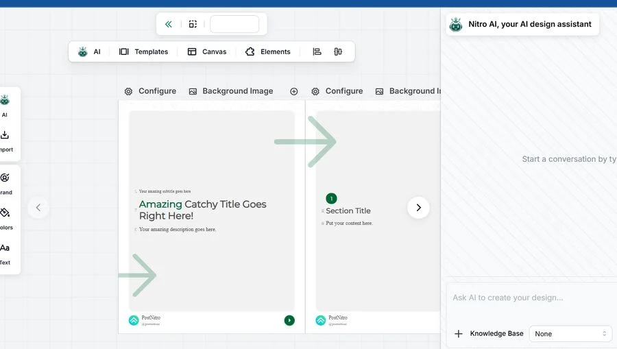 PostNitro's blank carousel canvas with configurable slides and the Nitro AI design assistant panel