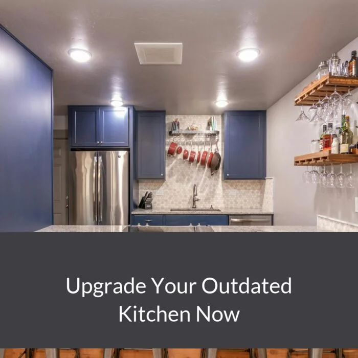 Instagram post reading 'Upgrade Your Outdated Kitchen Now' over a renovated kitchen photo — an example promotional-pillar post for a home-services business.