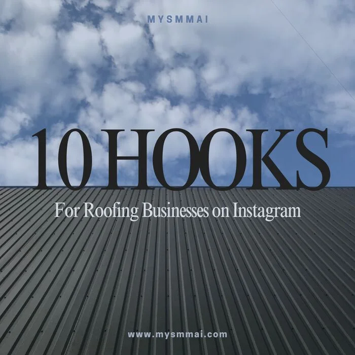 Instagram carousel cover slide reading '10 Hooks for Roofing Businesses on Instagram' — an example of a hook-carousel post for a home-services business.