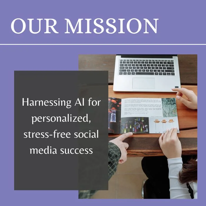 Example Instagram text post: a photo with a solid color text panel reading 'Harnessing AI for personalized, stress-free social media success.'