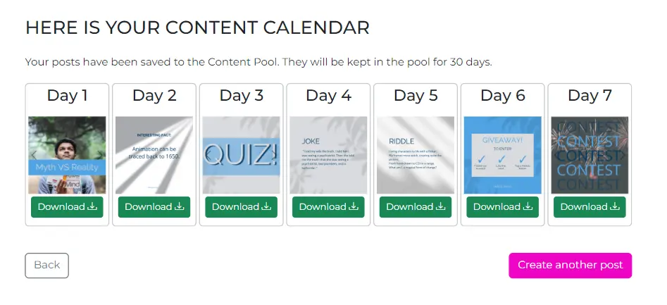 Maxolot Instagram content plan showing a seven-day content calendar with generated posts ready to download