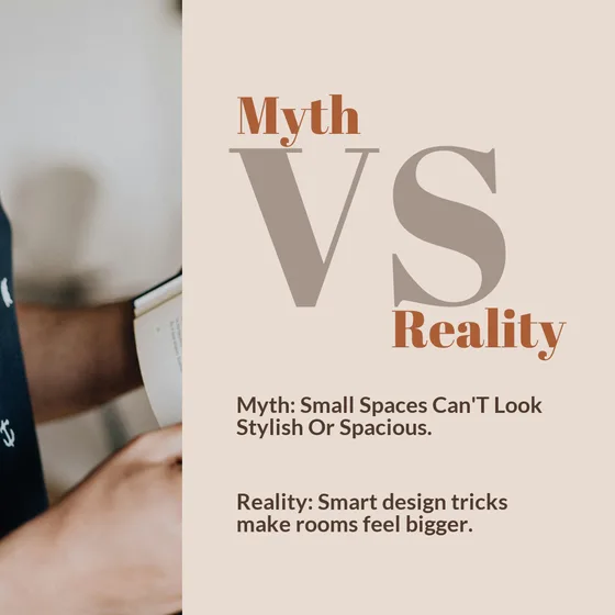 Myth vs Reality Instagram post created with Maxolot: large serif VS layout correcting a small-space interior design myth