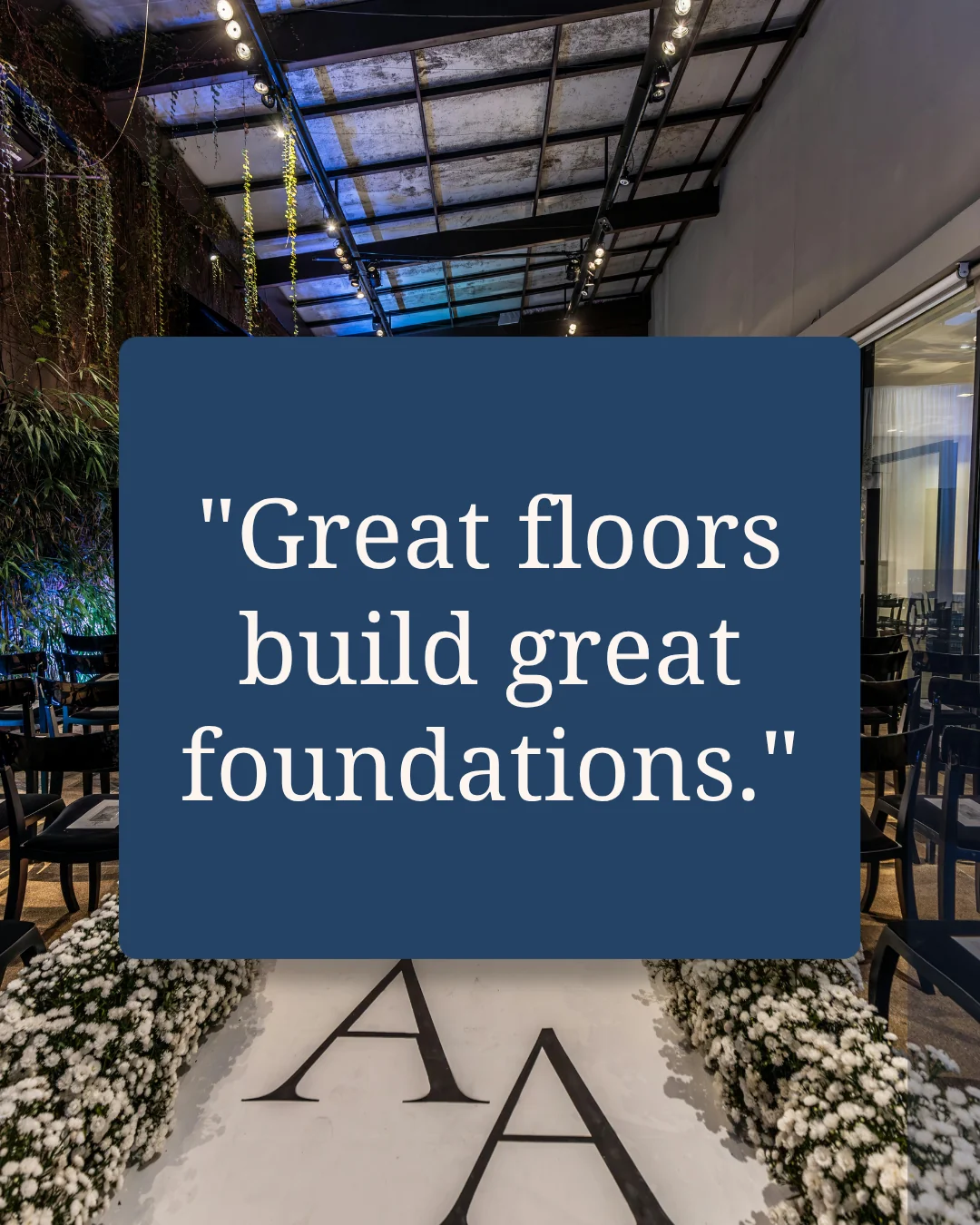 Instagram quote template with a navy panel over a venue photograph